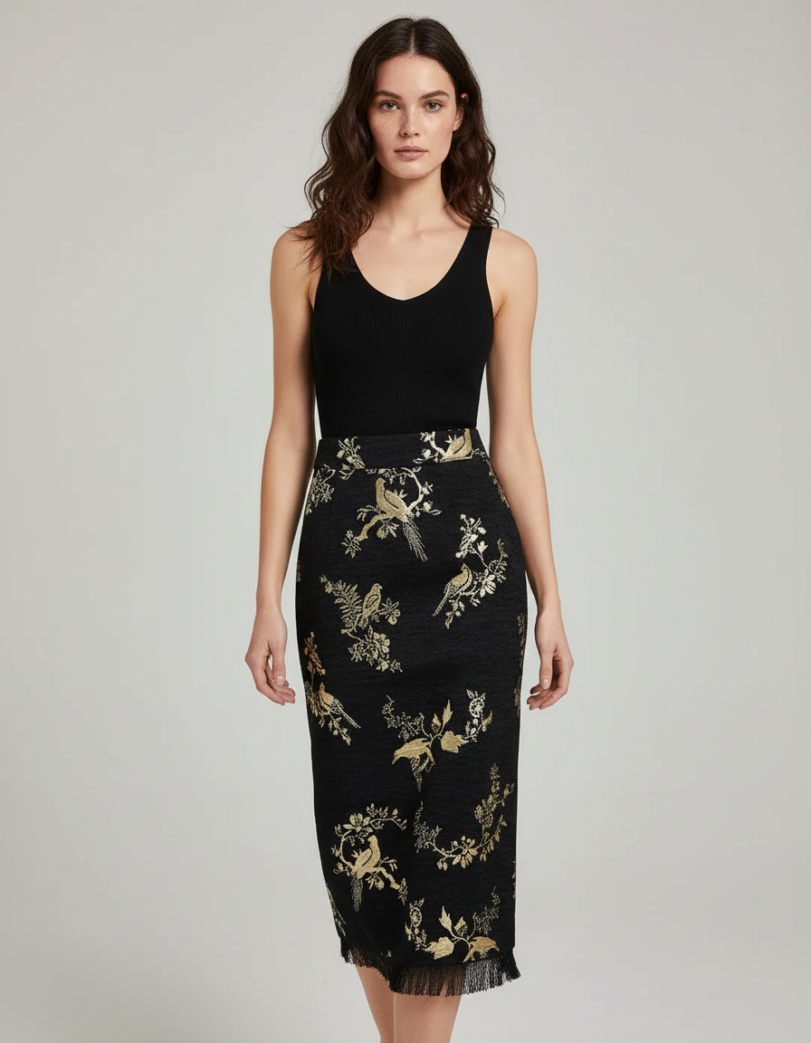 Jupe Longue Noire Motifs Oiseaux Élégante