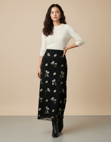 Jupe Longue Noire Brodée Florale Vintage