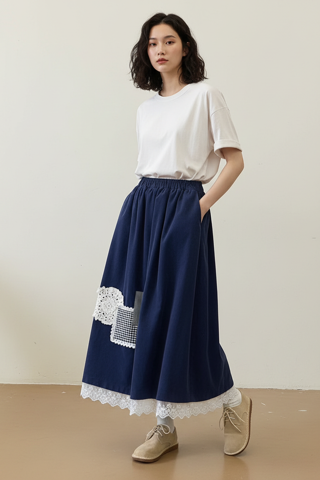 Jupe Longue Côtelée Dentelle Bohème