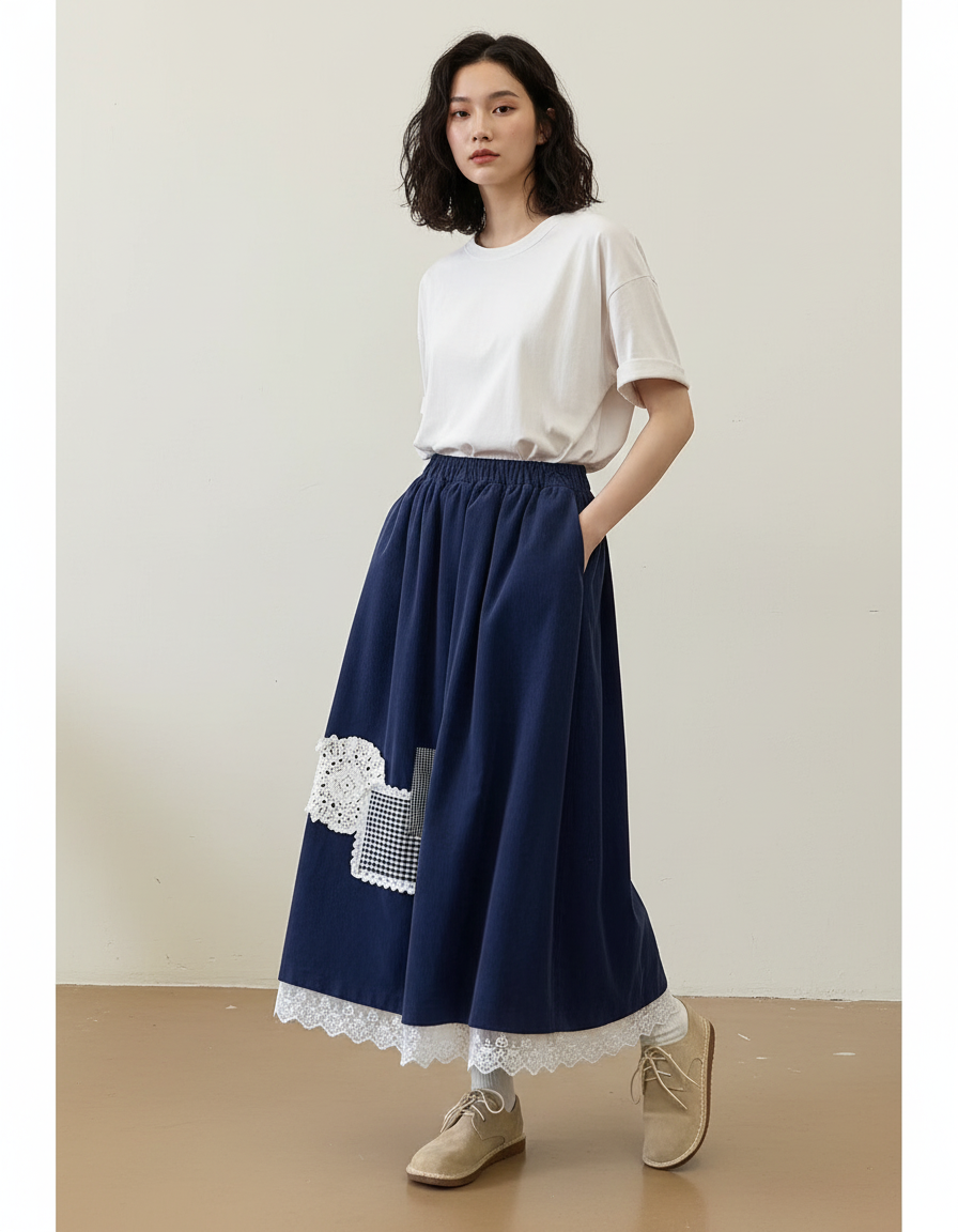 Jupe Longue Côtelée Dentelle Bohème