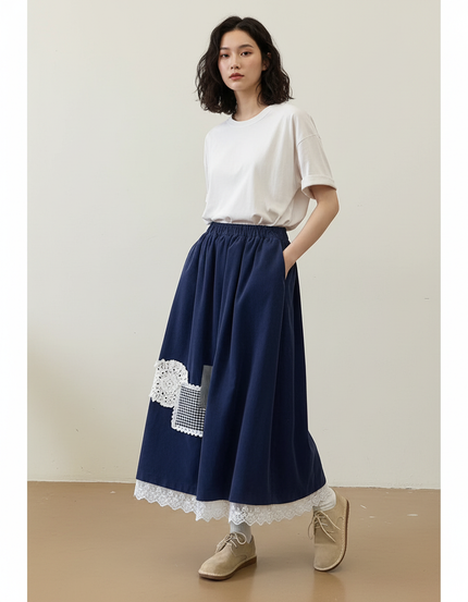 Jupe Longue Côtelée Dentelle Bohème