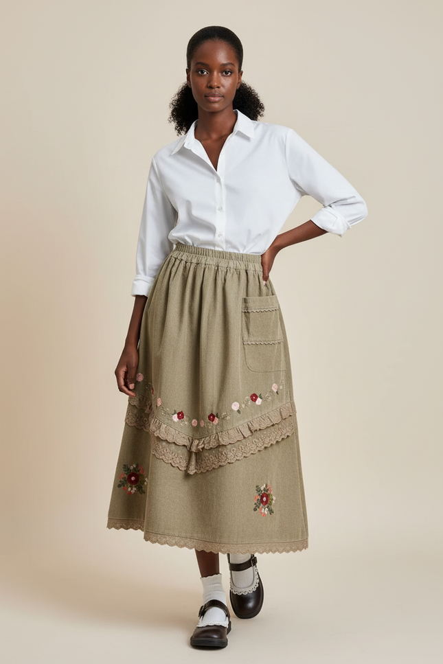 Jupe Longue Velours Côtelé Broderie Bohème