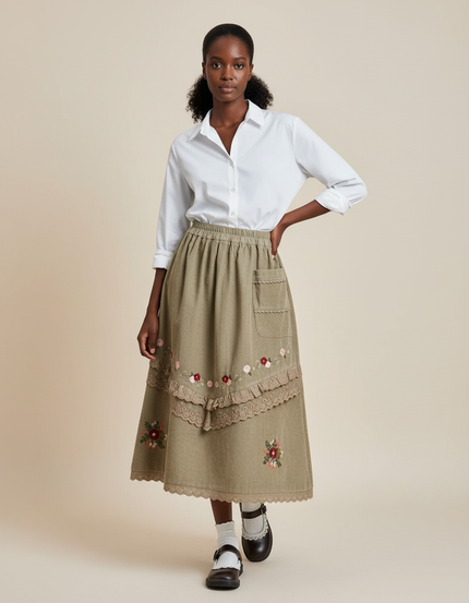 Jupe Longue Velours Côtelé Broderie Bohème