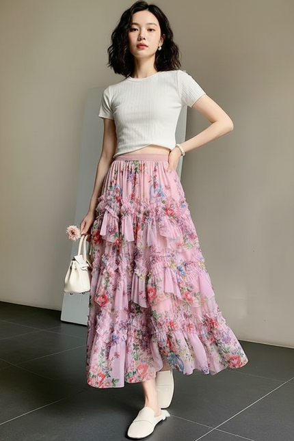 Jupe Longue Rose Florale À Volants Élégante