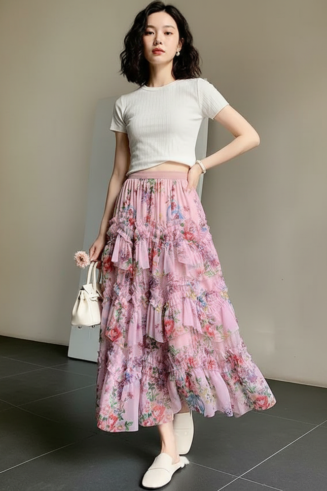 Jupe Longue Rose Florale À Volants Élégante