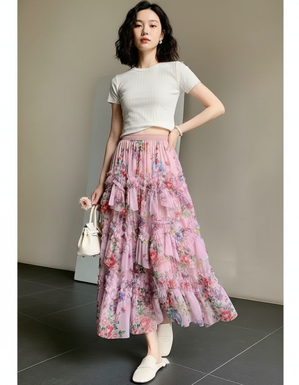 Jupe Longue Rose Florale À Volants Élégante
