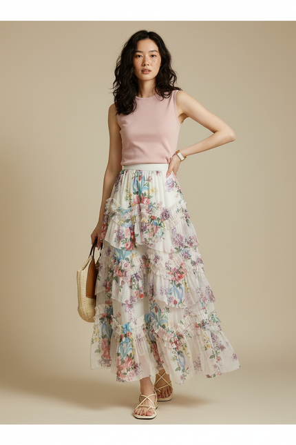 Jupe Longue Florale À Volants Élégante