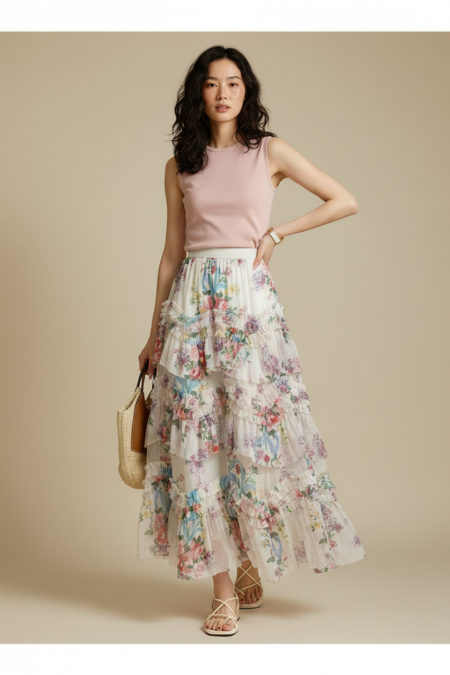 Jupe Longue Florale À Volants Élégante