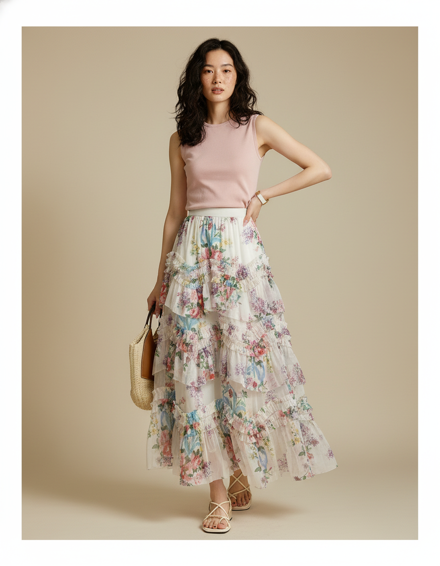 Jupe Longue Florale À Volants Élégante