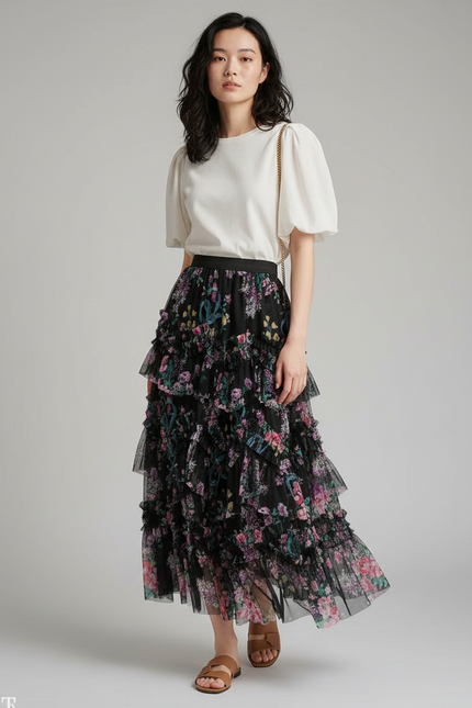 Jupe Longue Fleurie Tulle Élégante