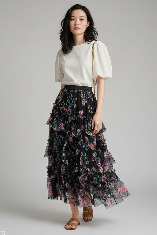 Jupe Longue Fleurie Tulle Élégante