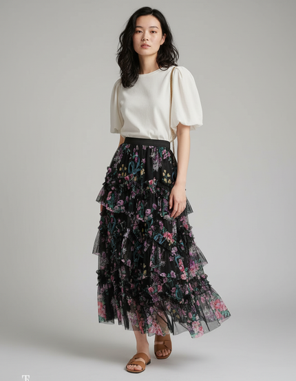 Jupe Longue Fleurie Tulle Élégante