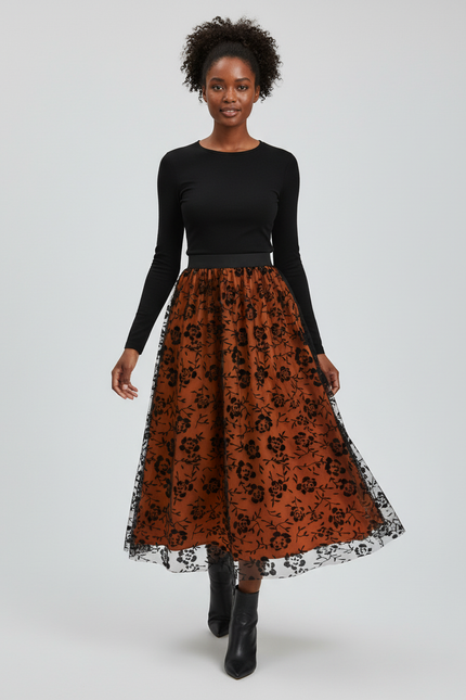 Jupe Longue Tulle Florale Orange Élégante