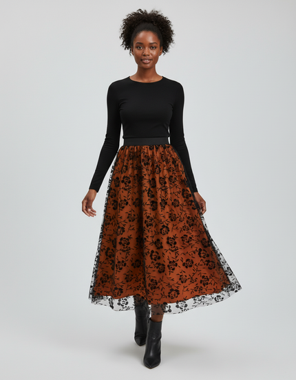 Jupe Longue Tulle Florale Orange Élégante