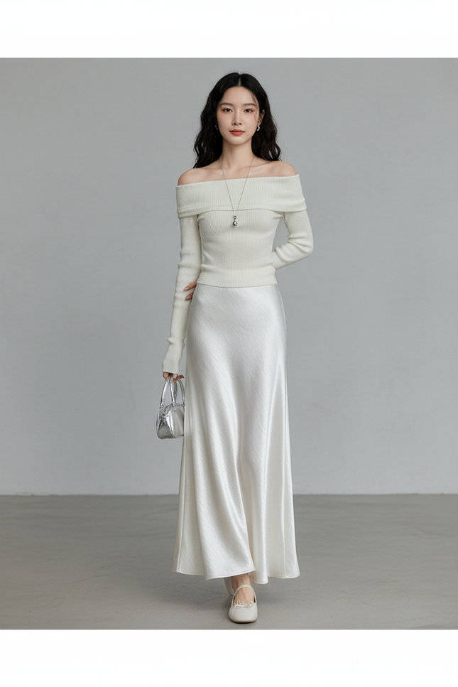 Jupe Longue Ivoire Satinée Élégante