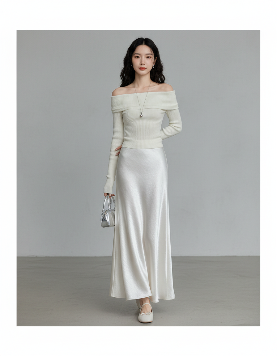 Jupe Longue Ivoire Satinée Élégante