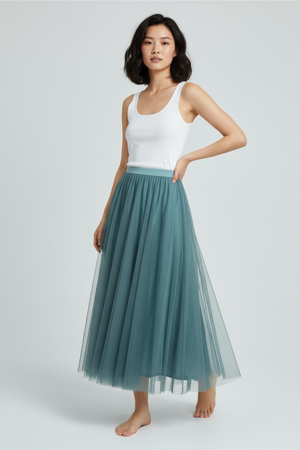 Jupe Longue Vert-Bleu Plissée Fluide