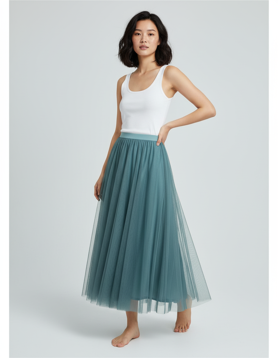 Jupe Longue Vert-Bleu Plissée Fluide