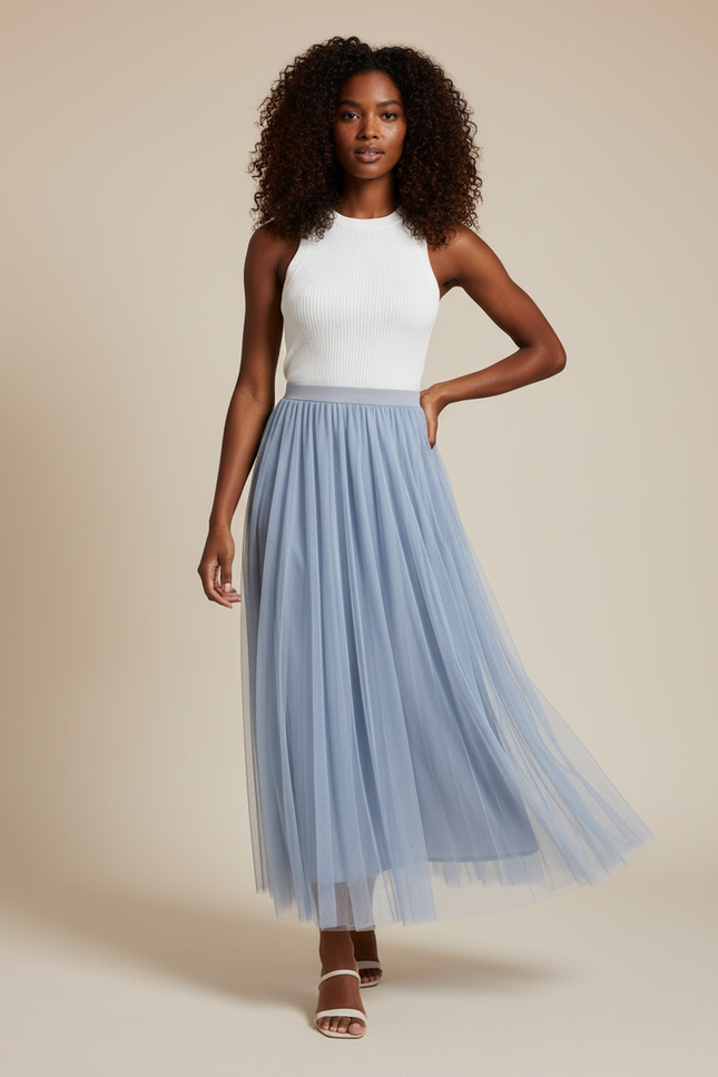 Jupe Longue Bleu Poudré Tulle Fluide