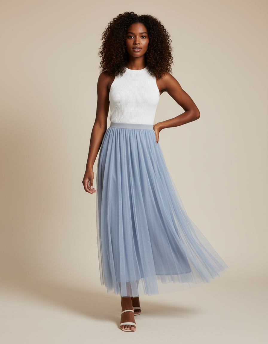 Jupe Longue Bleu Poudré Tulle Fluide