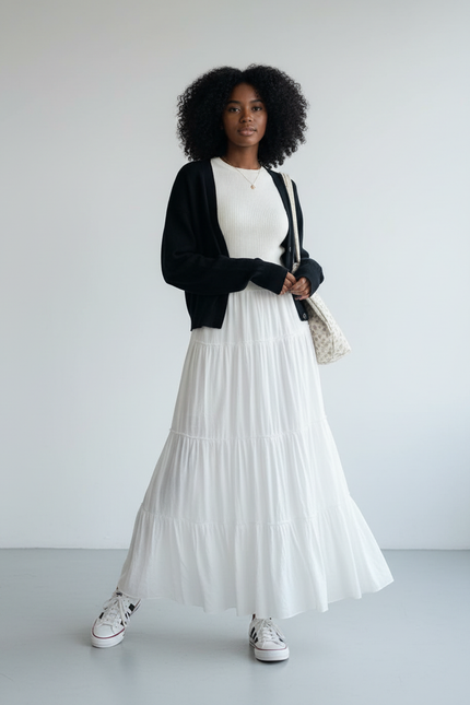 Jupe Longue Blanche À Volants Fluide