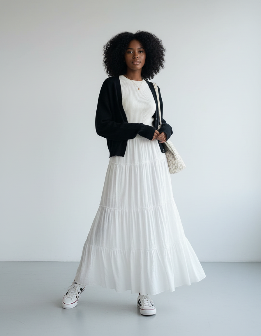 Jupe Longue Blanche À Volants Fluide