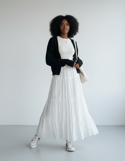 Jupe Longue Blanche À Volants Fluide