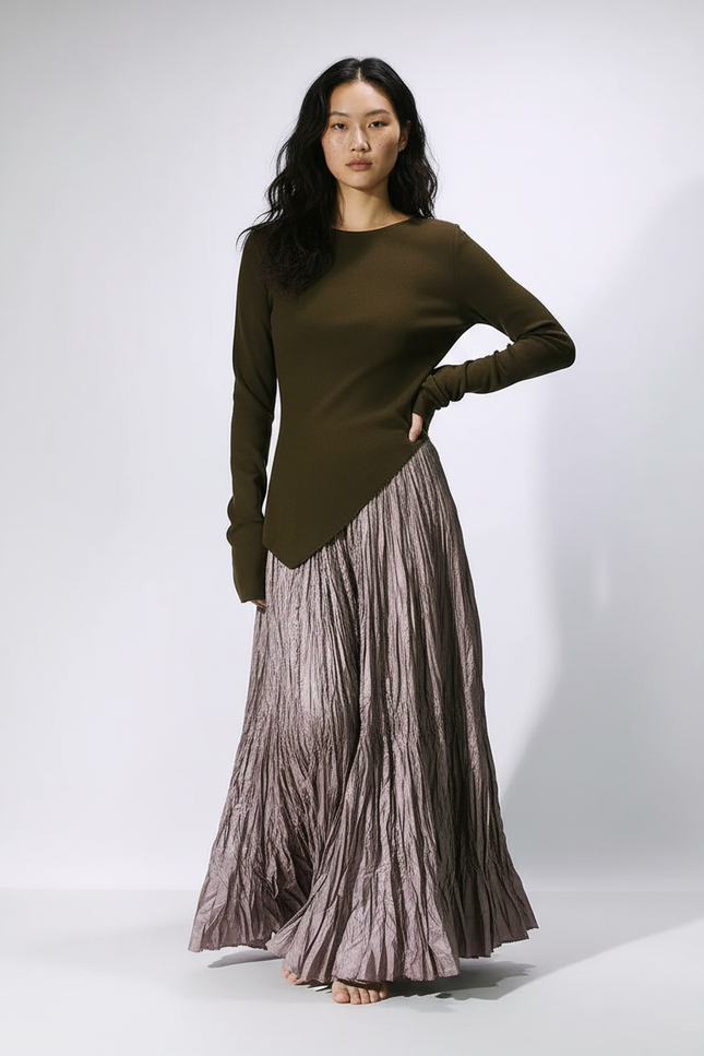 Jupe Longue Taupe Plissée Fluide