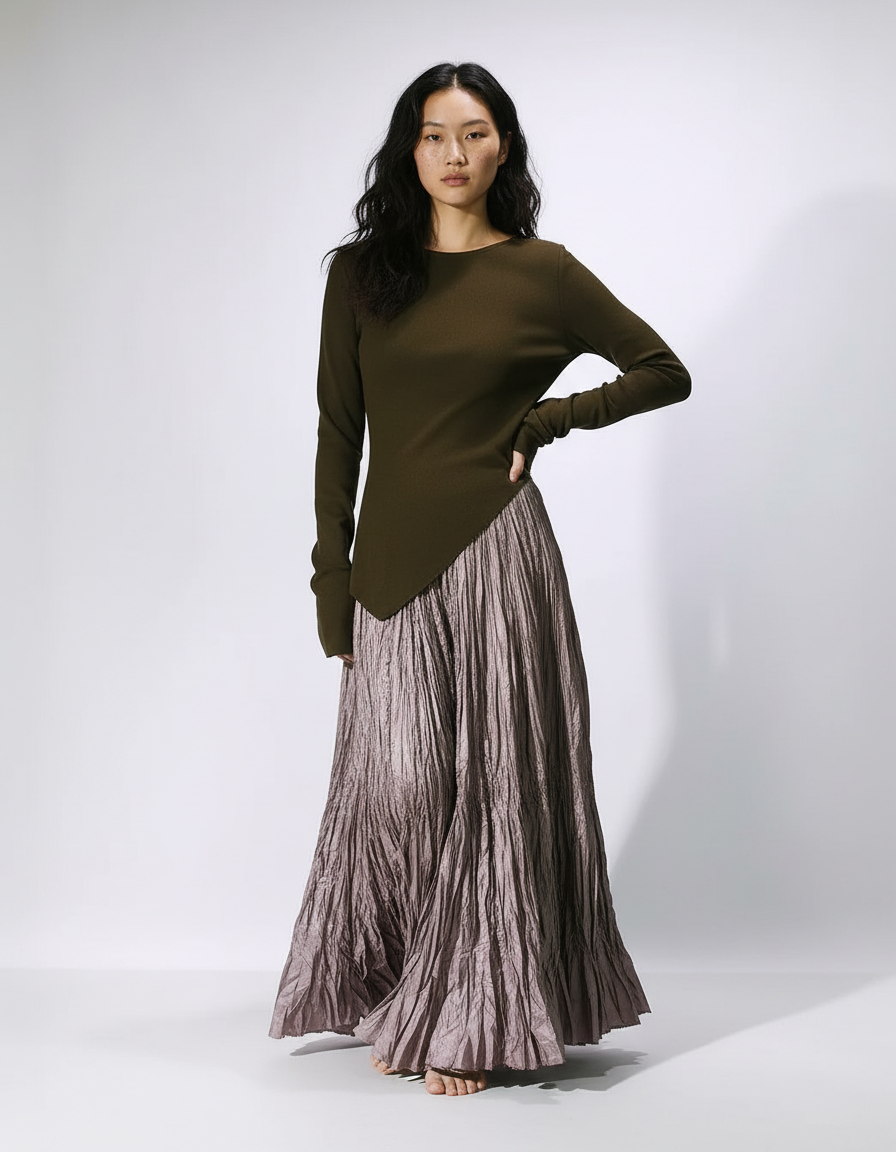 Jupe Longue Taupe Plissée Fluide
