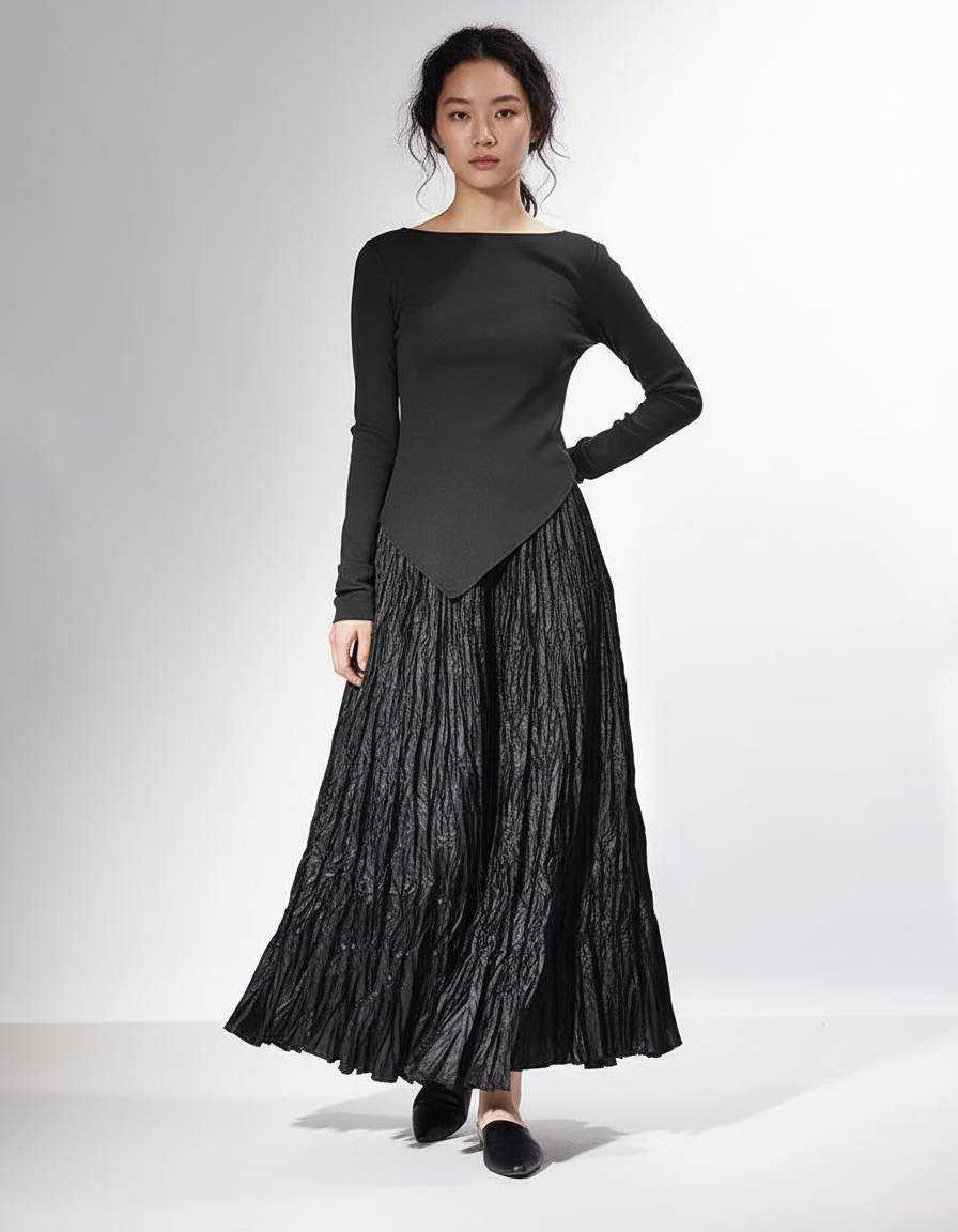 Jupe Longue Noire Plissée Fluide Chic