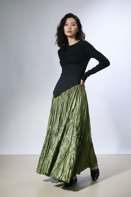 Jupe Longue Plissée Verte Fluide