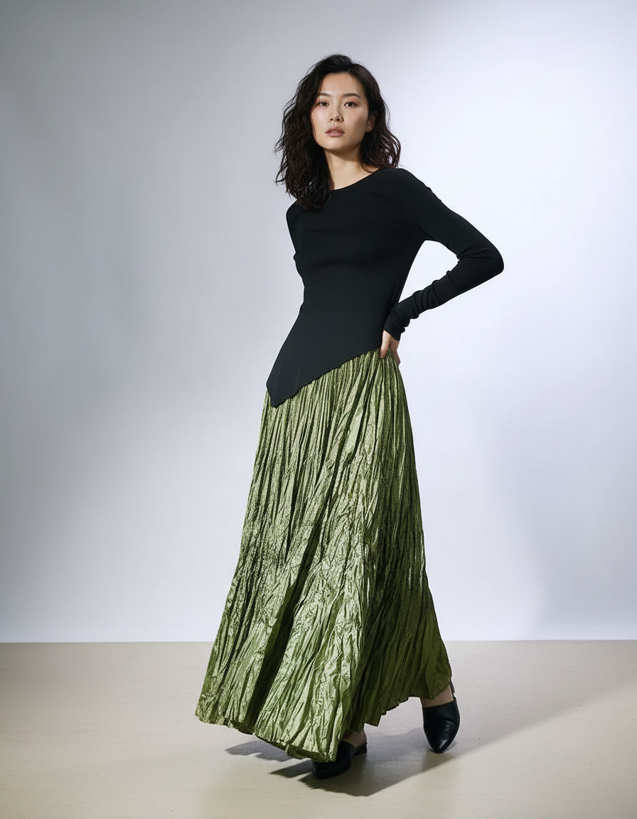 Jupe Longue Plissée Verte Fluide