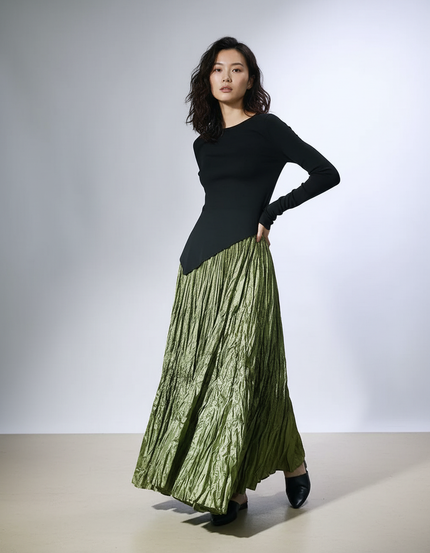 Jupe Longue Plissée Verte Fluide