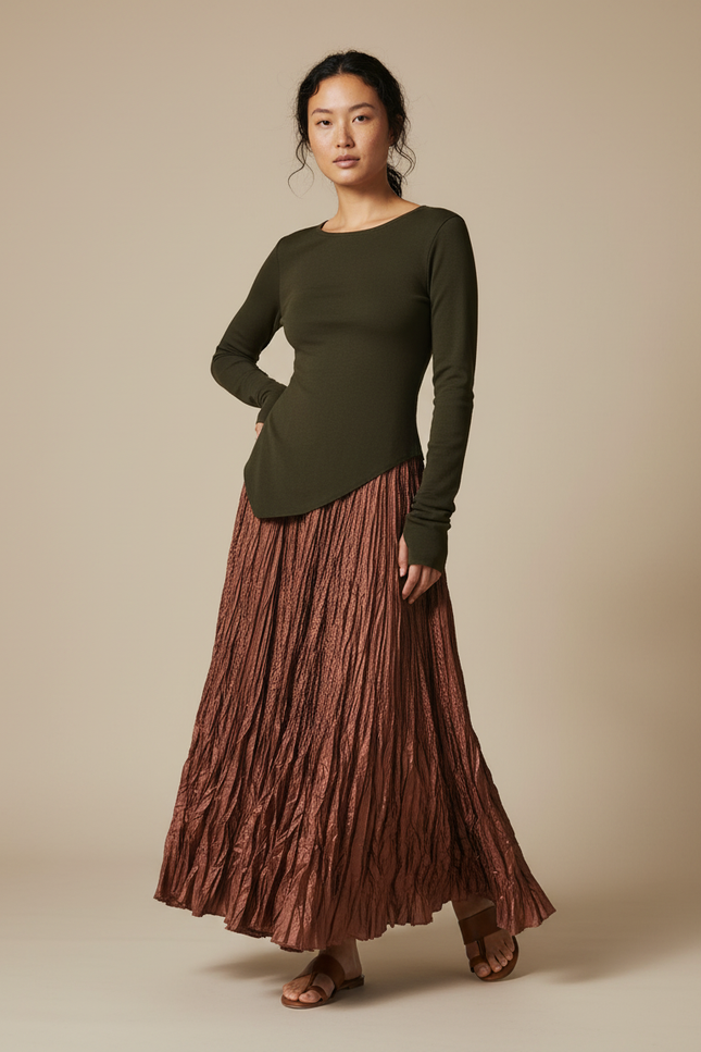 Jupe Longue Marron Froissée Fluide