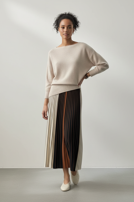 Jupe Longue Plissée Rayée Élégante Femme
