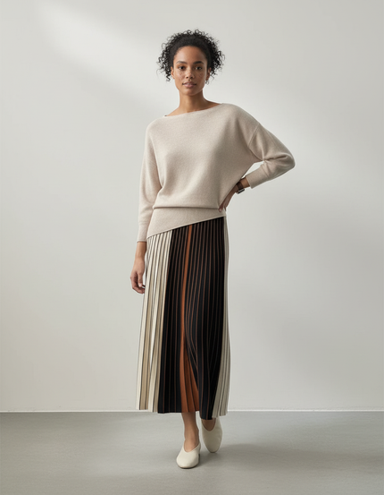 Jupe Longue Plissée Rayée Élégante Femme