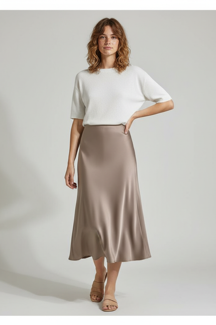 Jupe Longue Satin Taupe Élégante