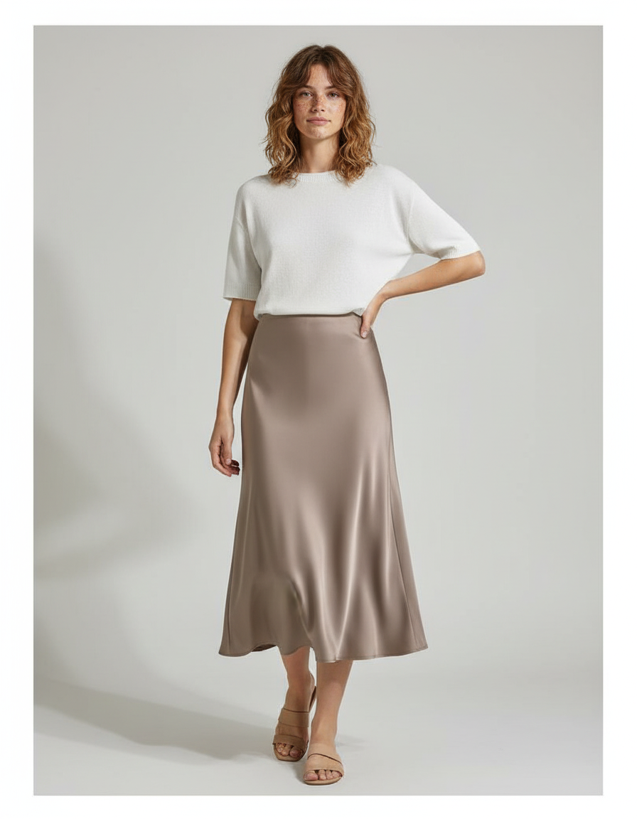 Jupe Longue Satin Taupe Élégante