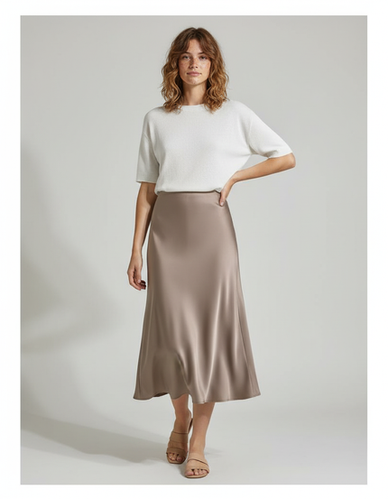 Jupe Longue Satin Taupe Élégante