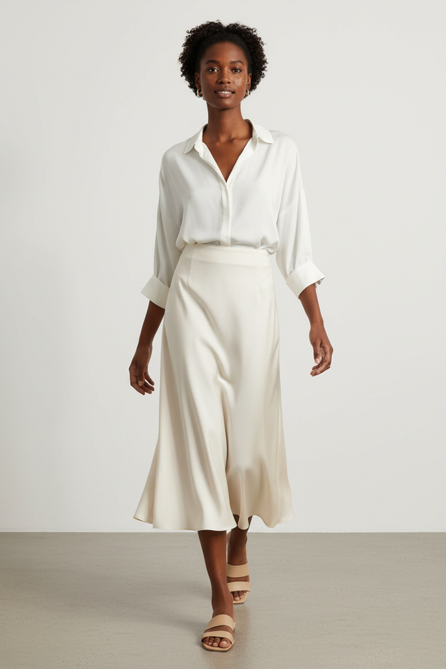 Jupe Longue Satin Crème Élégante
