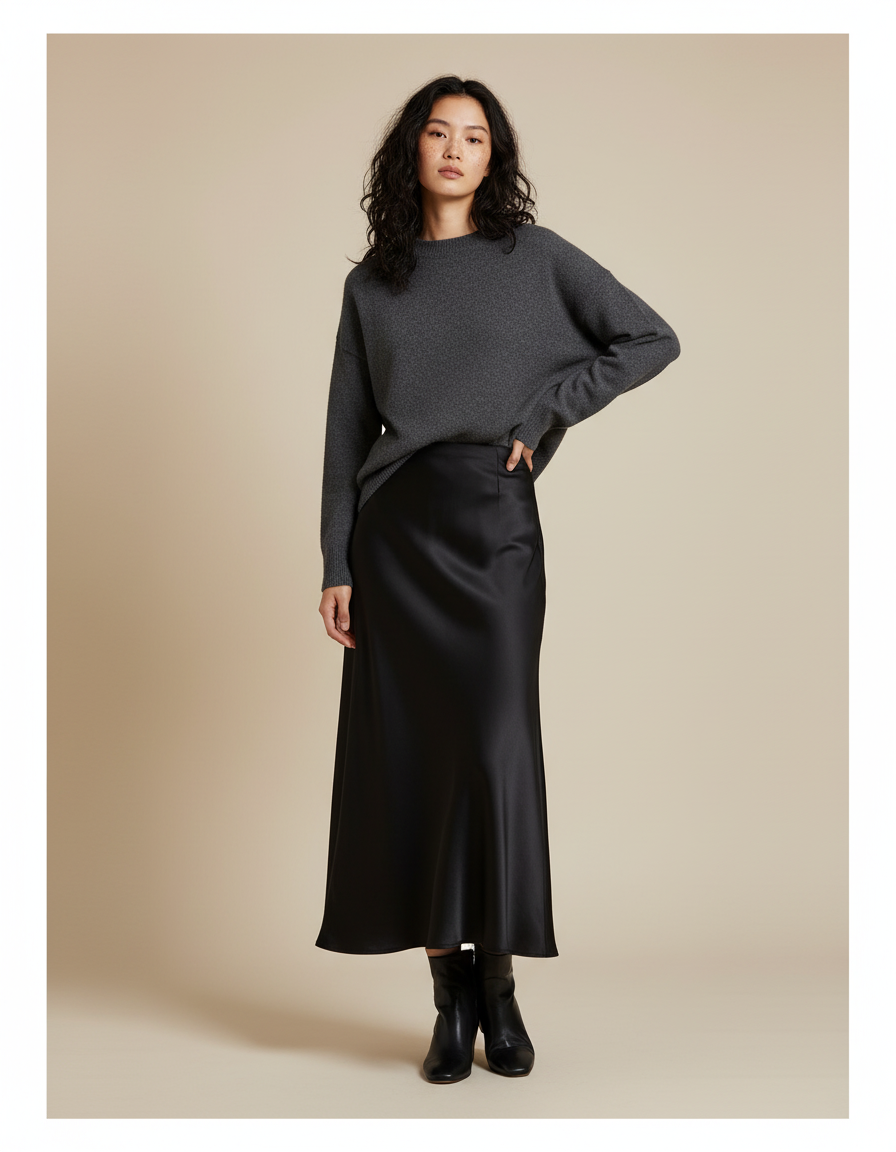 Jupe Mi-Longue Noire Fluide