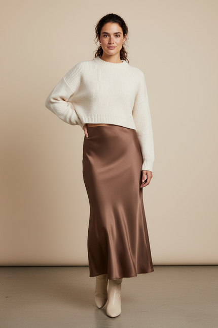 Jupe Longue Satin Marron Élégante Chic