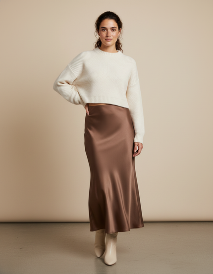 Jupe Longue Satin Marron Élégante Chic