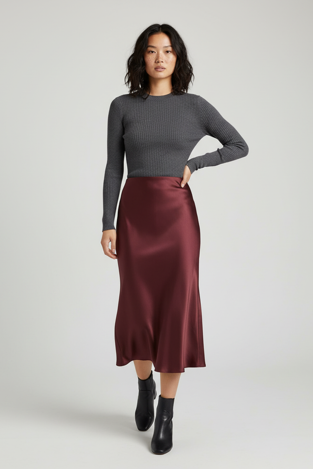 Jupe Longue Satinée Bordeaux Élégante