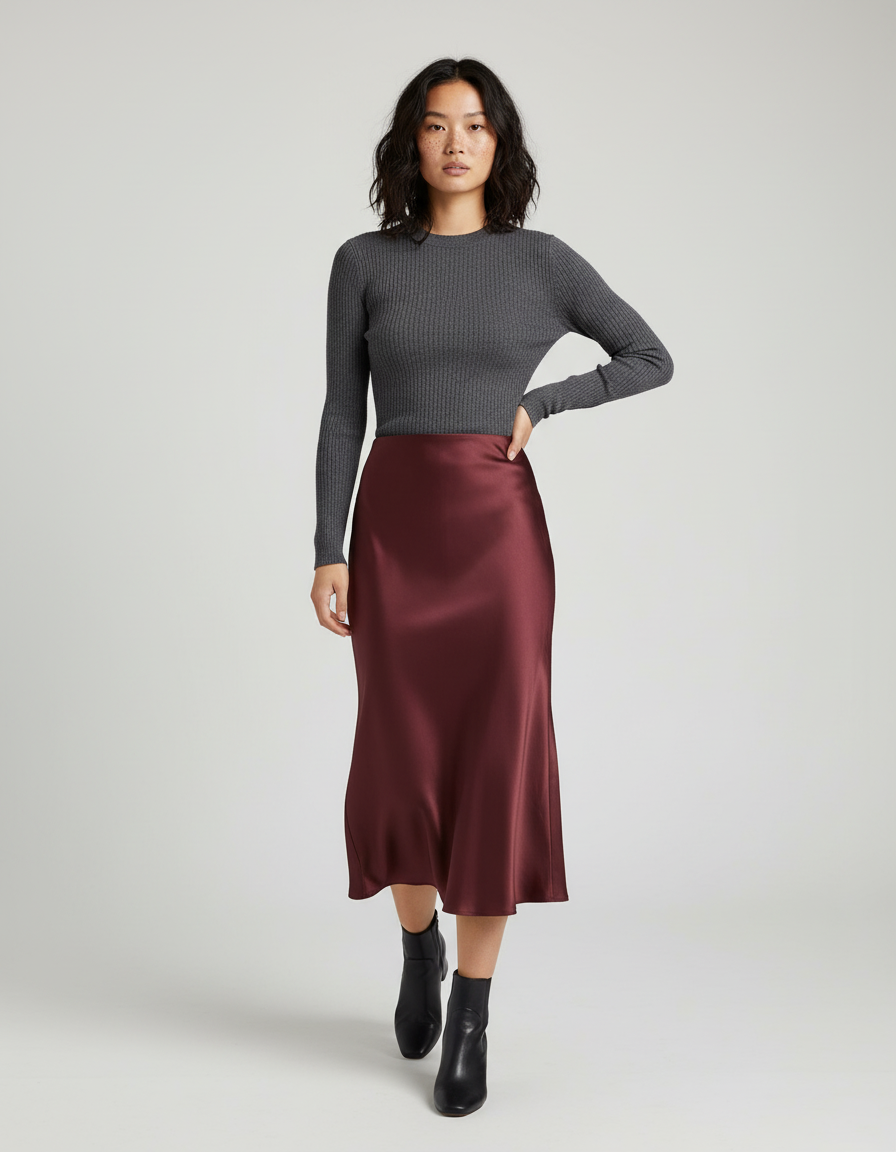 Jupe Longue Satinée Bordeaux Élégante