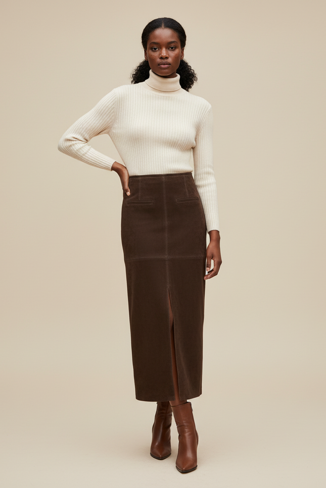 Jupe Longue Marron Daim Fente Élégante