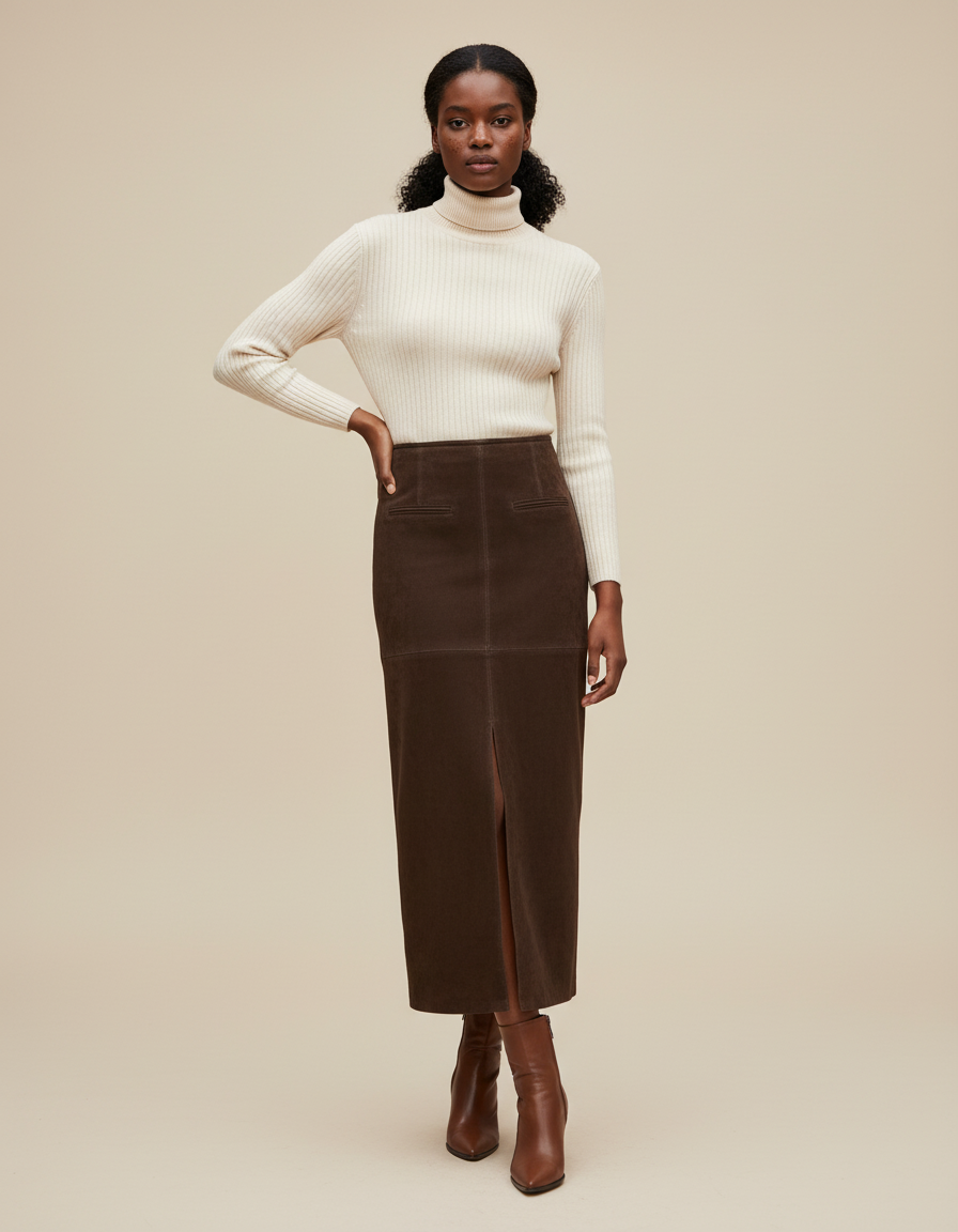 Jupe Longue Marron Daim Fente Élégante