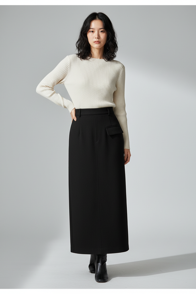 Jupe Longue Noire Poches Élégante