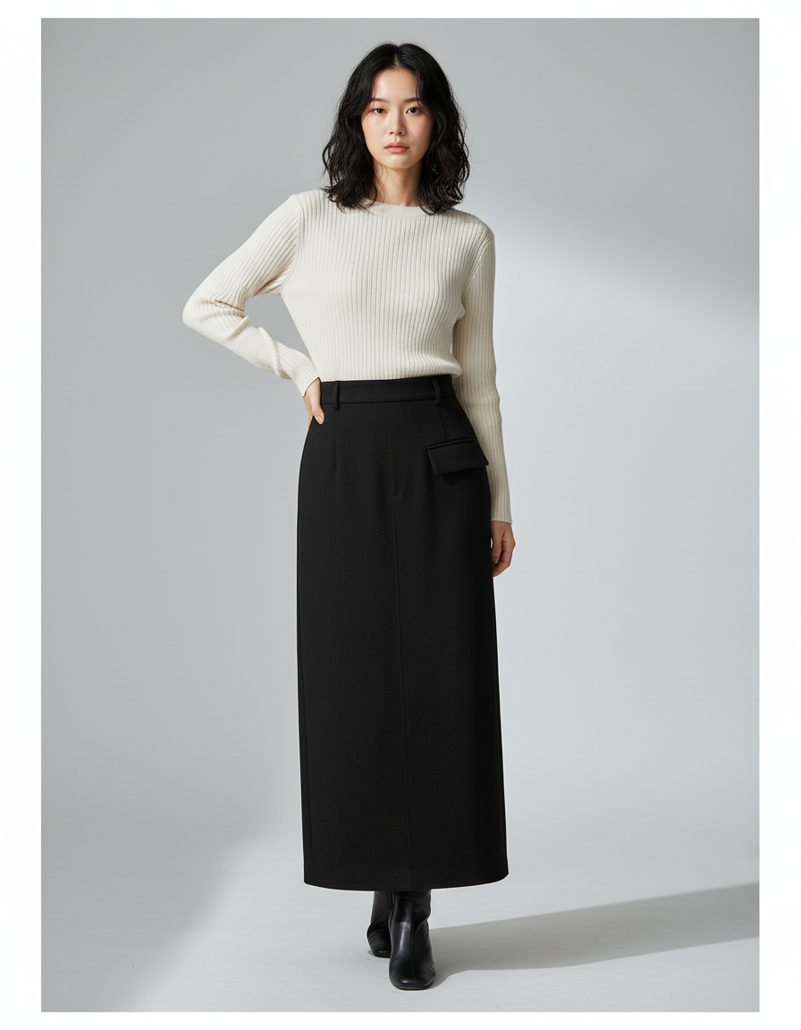 Jupe Longue Noire Poches Élégante