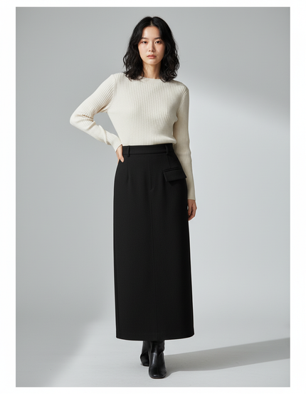 Jupe Longue Noire Poches Élégante